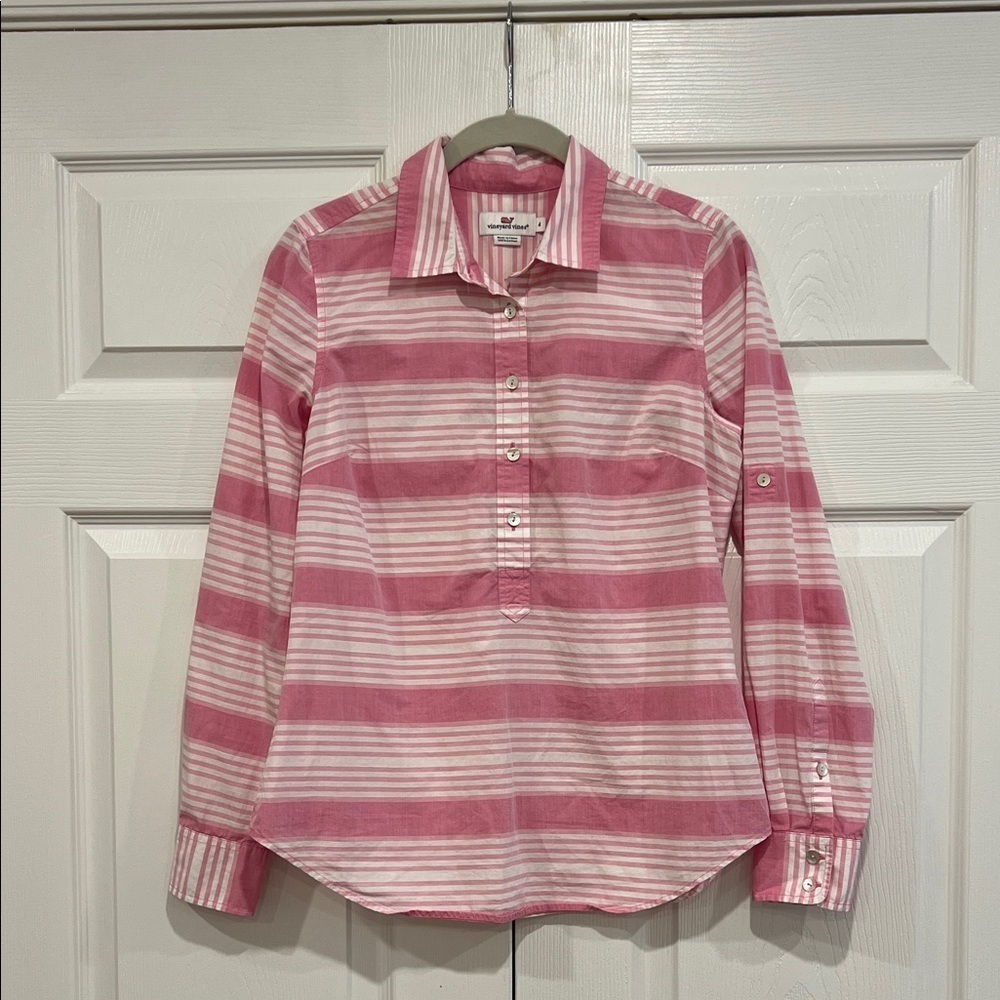 Vineyard Vines Striped Collared Popover Cotton Top Pink and White Size 4